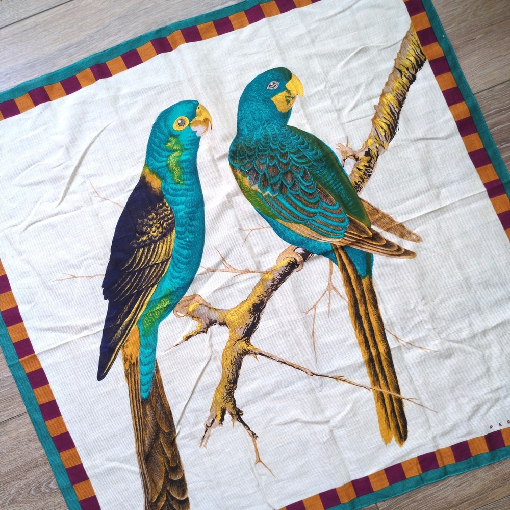 Vtg 80s/90s Perry Ellis Parrot Scarf Tropical Blue Teal Bird Cotton Square Japan